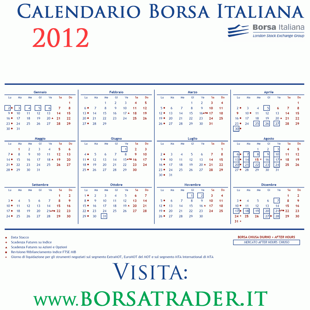 Calendario Borsa Italiana 2012 - FTSE Milano - guida Trading Online